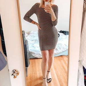 F21 Striped Long Sleeve Bodycon Midi Dress Black